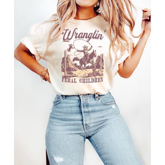 Velto Wranglin' Feral Children Shirt: 90s Western Graphic Tee All Size S-5XL