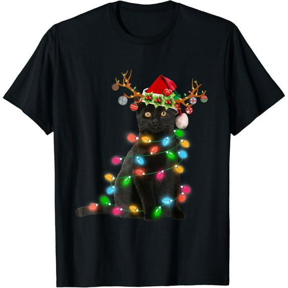 Velto Xmas Tee Reindeer Black Cat happy holiday Lights Cat Lover T-Shirt All Size S-5XL