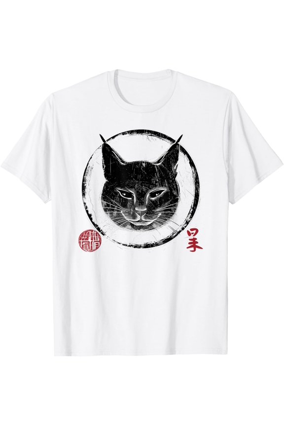Zen Black Cat Japanese Ink Art T-Shirt All Size S-5XL