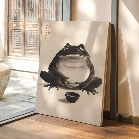 Velto Zen Frog Tea Haiku Canvas, Japanese Ink Wash Art with Calligraphy for Meditation, SIZE 8x10 INCLUDE Pine Wood Frame 1.25-Inch