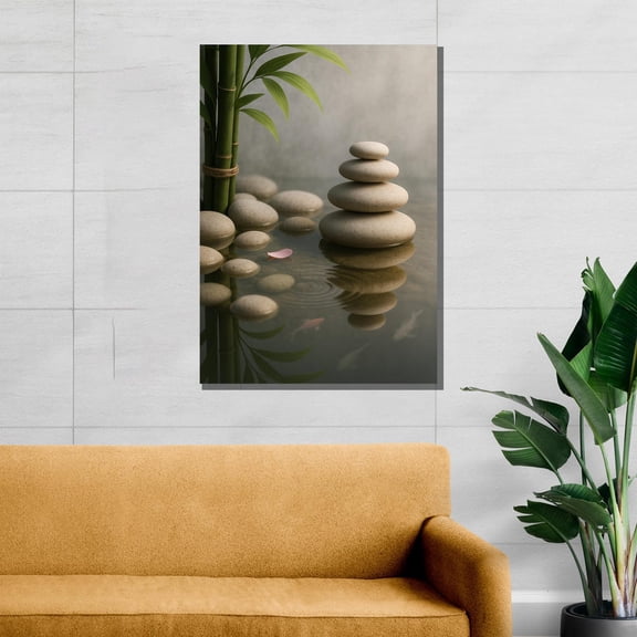 Velto Zen Stone And Bamboo Art - Minimalist Stacked Rocks And Water Reflection For Tranquil Spa, Yoga Or Meditation Room Wall Harmony Canvas, 8x10 UNFRAMED