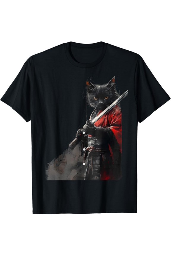 black cat samurai art print T-Shirt All Size S-5XL