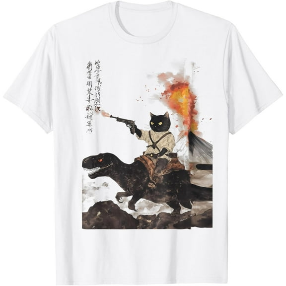 Velto retro calligraphy cat dinosaur volcanic eruption art print T-Shirt All Size S-5XL