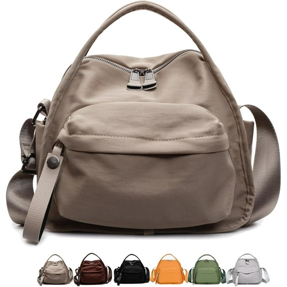 Veluna Crossbody Shoulder Bag, Women’s Solid Color Handbag, Zipper Purse with Top Handle, Lightweight Daily Tote,Nylon Shoulder Handbag for Commuting, Travel(Coffee)