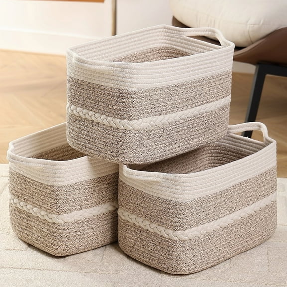VeluraHome 3 Pack Storage Basket,Laundry Baskets for StorageWoven Baskets with Handles for ShelvesToysCloth