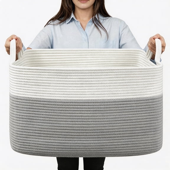 VeluraHome  Large Blanket Basket,Rectangle Storage Baskets for Storage,Cotton Rope Woven Storage BasketGrey