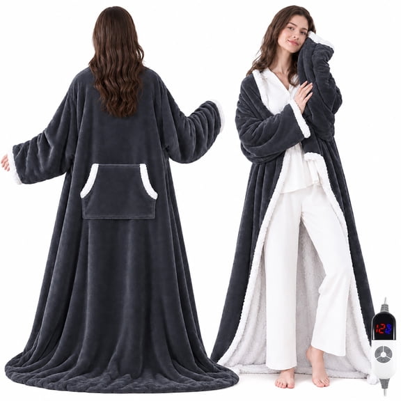 VeluraHome Wearable Heated Blanket Throw,Electric Throw Blankets with Foot Pocket and Sleeves, 12 Heating Levels & 12 Auto Shut-Off,52*72,Dark Grey