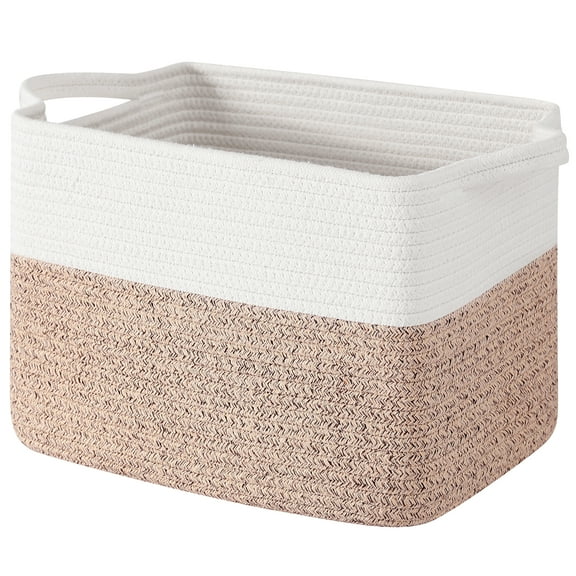 VeluraHome Woven Storage Basket for ShelvesRectangle Cotton Rope Toy Basket for Living Room, Bedroom, White & Brown