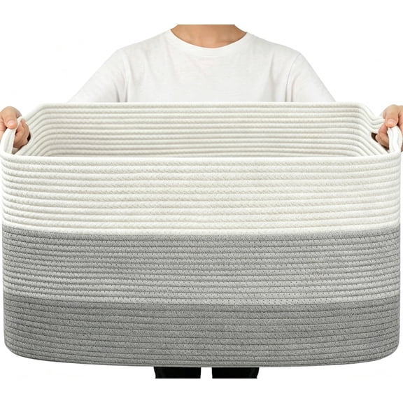 VeluraHome XXX Large Woven Blanket Basket,21.65" x14.96" x11.81 "Storage Baskets for Organizing,Rectangle Cotton Rope Toy Basket for Living Room, Bedroom, White & Grey