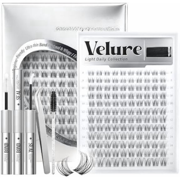 Velure Lash Clusters Kit  Eyelash Clusters Wispy Lash Extension Kit Invisible Clear Band Lashes DIY Cluster Eyelash Extensions with Bond and Seal Tweezers, 8-16mm, 120 count