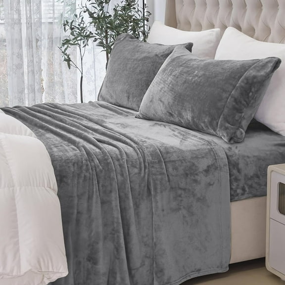 Velvel Fleece Soft 4 Pieces Bed Sheet Set - King, Gray