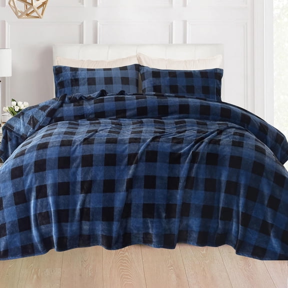 Velvel Fleece Soft 4 Pieces Bed Sheet Set - Queen, Buffalo Blue