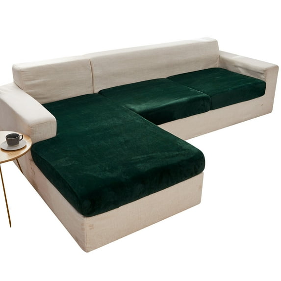 Velvet 1 2 3 Cushion Couch Cushion Cover for L-Shaped Sofa Chaise Longue Sofa Slipcover, Stretch Sofa Cover Non-slip Soft Furniture Protector -Dark green-Chaise longue(right)