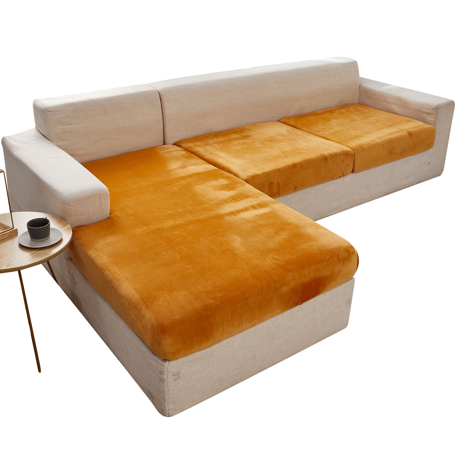 Velvet 1 2 3 Cushion Couch Cushion Cover for L-Shaped Sofa Chaise Longue Sofa Slipcover, Stretch Sofa Cover Non-slip Soft Furniture Protector -Orange-Chair