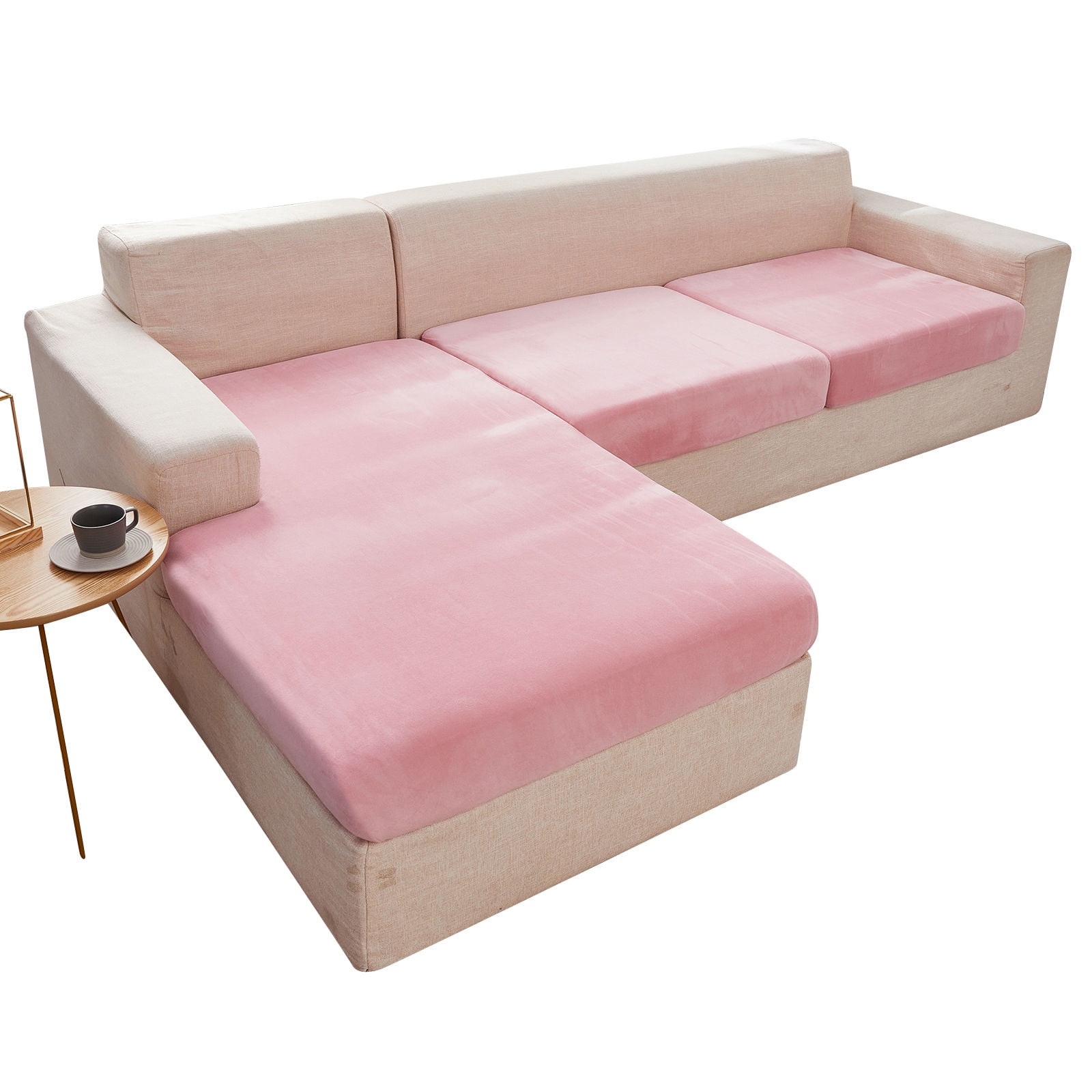 Velvet 1 2 3 Cushion Couch Cushion Cover for L-Shaped Sofa Chaise Longue Sofa Slipcover, Stretch Sofa Cover Non-slip Soft Furniture Protector -Pink-Loveseat