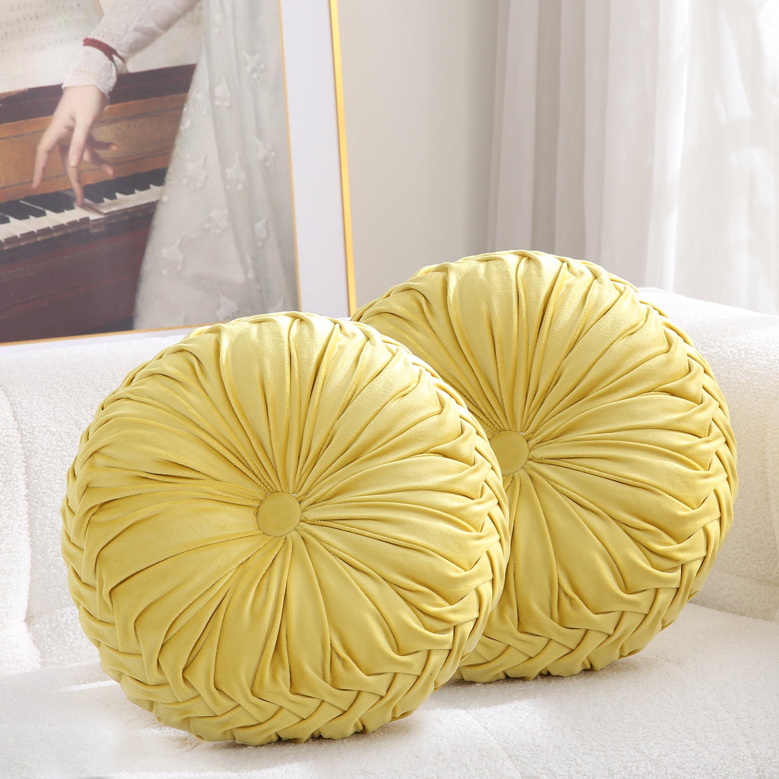 Velvet 15-Inch Round Decorative Pillow for Couch Décor (Light Yellow ...