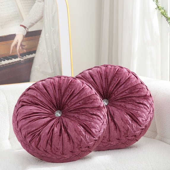 Velvet Pleated 15-Inch Round Throw Pillow for Home Couch Decorative (Purple, Set of 2)