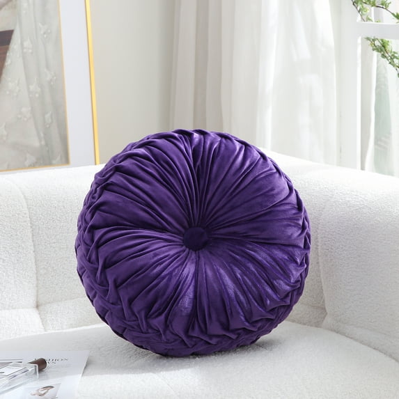 Velvet 15-Inch Round Throw Pillow - Ultra-Soft Pleated Decorative Pillow (Purple)