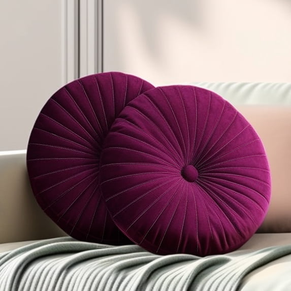 Velvet 18-Inch Round Decorative Pillow Burgundy for Couch Décor (Set of 2)
