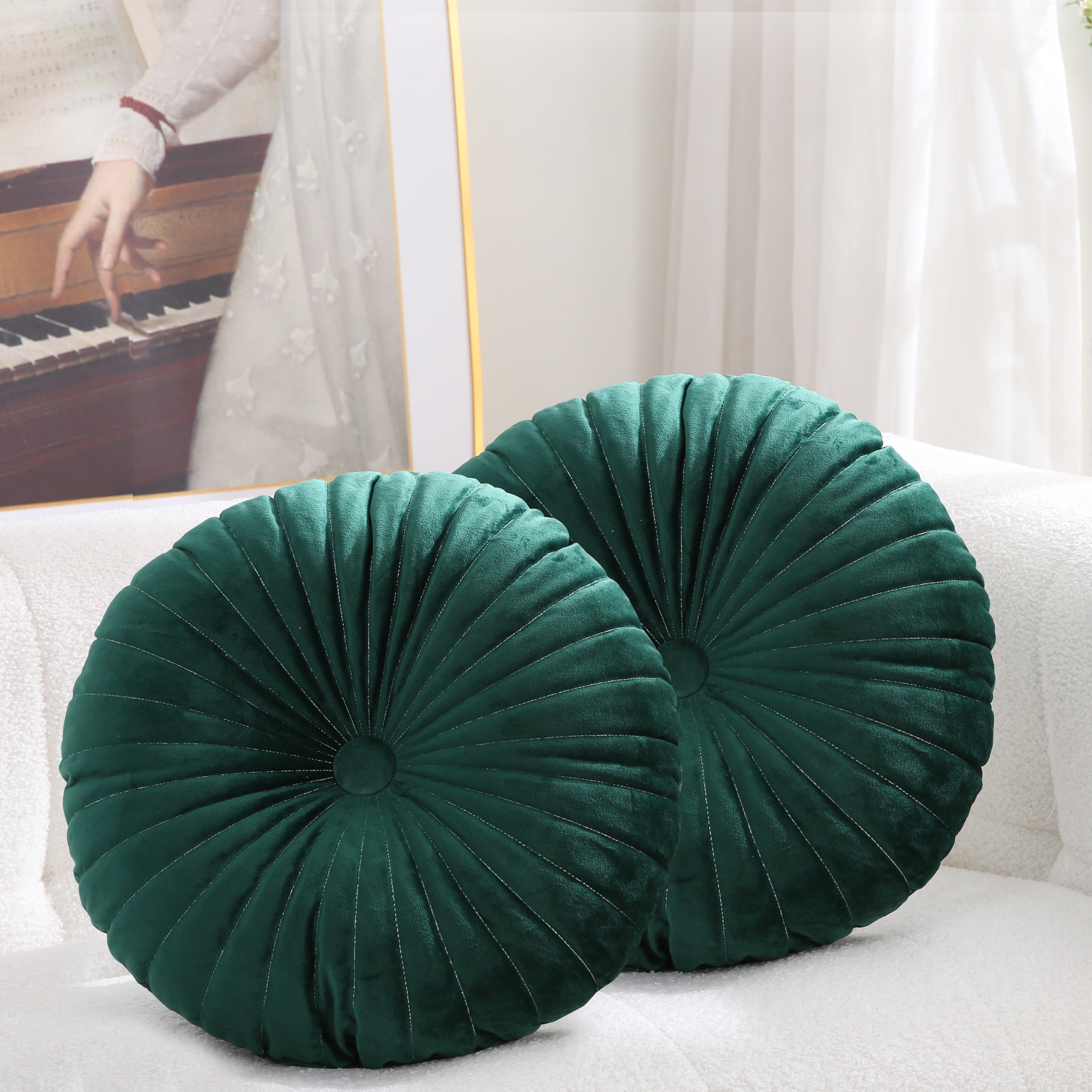 Velvet 18-Inch Round Throw Pillow for Home Decorative Couch, Green (Set ...
