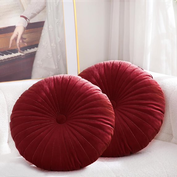 Velvet 18-Inch Round Throw Pillow for Home Decorative Couch, Red (Set of 2)