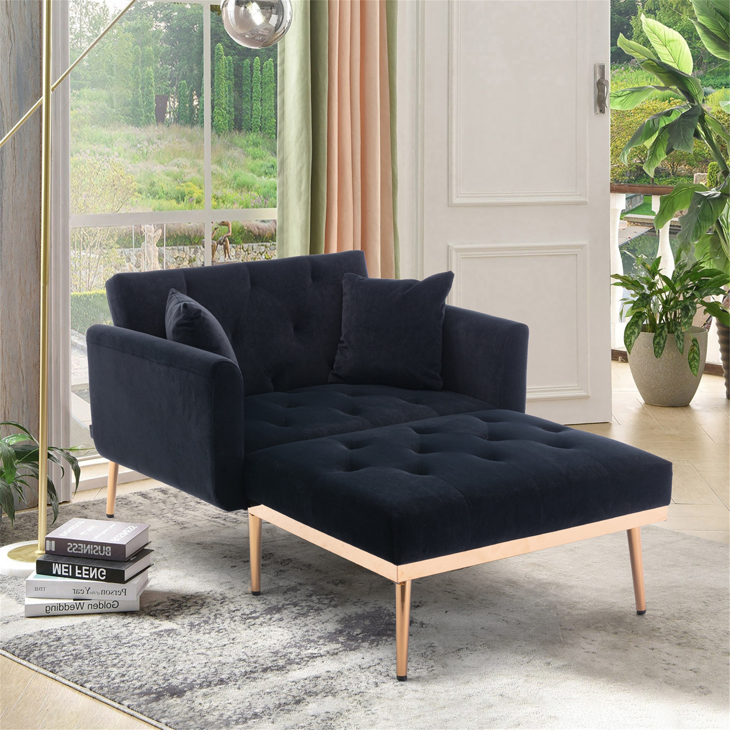 Velvet 2 in 1 Chaise Lounge Chair, Accent Chair Modern Single Sofa Bed ...