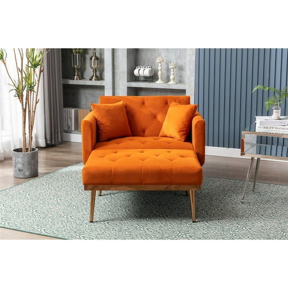 Velvet 2 in 1 Chaise Lounge Chair, Modern Upholstered Recliner Chair Single Sofa Bed with 2 Pillows & 3 Adjustable Angles Backrest, Comfy Convertible Sleeper Chair with Thick Padded for Bedroom Orange