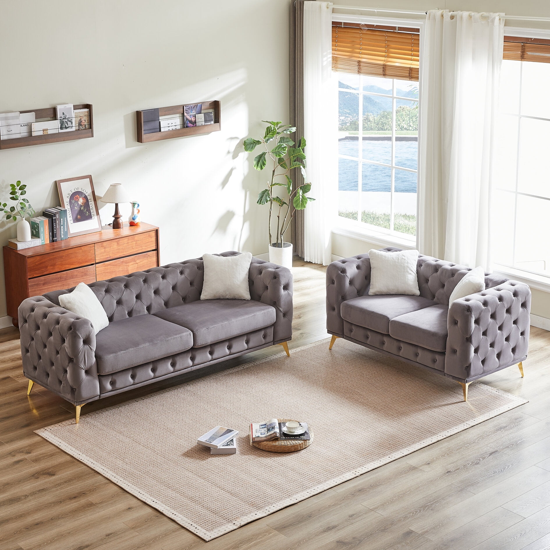 Velvet 2-Piece Living Room Set, 3-Seater Chesterfield Sofa and Loveseat ...