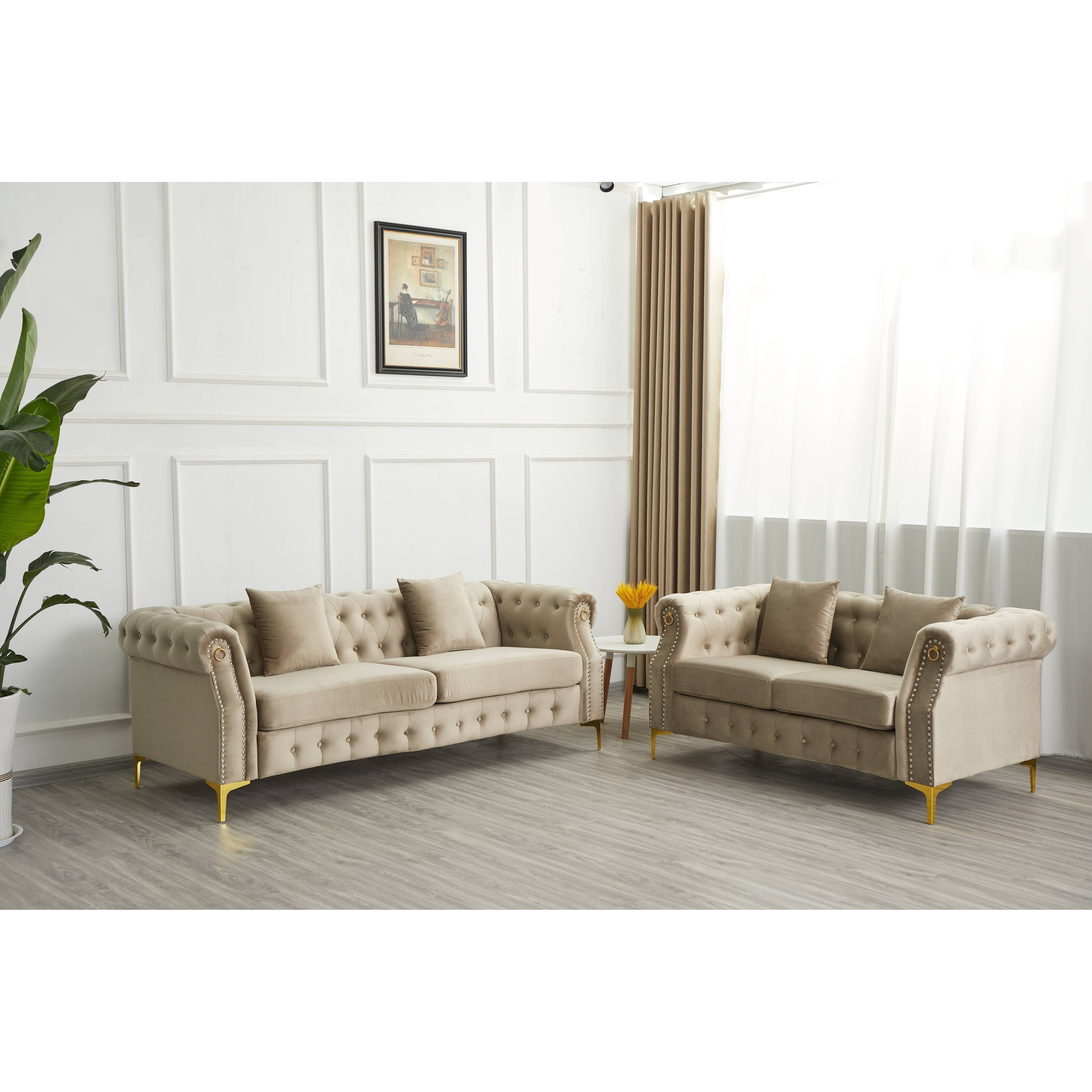 Velvet 2 Piece Loveseat and Sofa Living Room Set Beige - 2 Piece ...