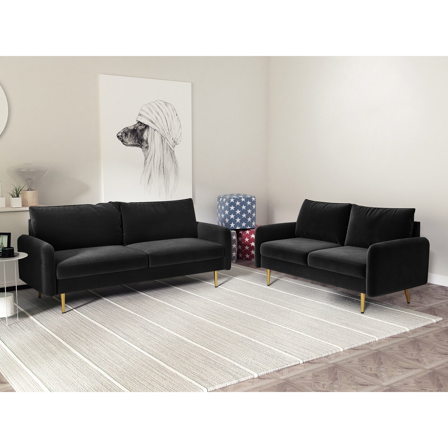 Velvet  2 Piece Loveseat and Sofa Living Room Set Black