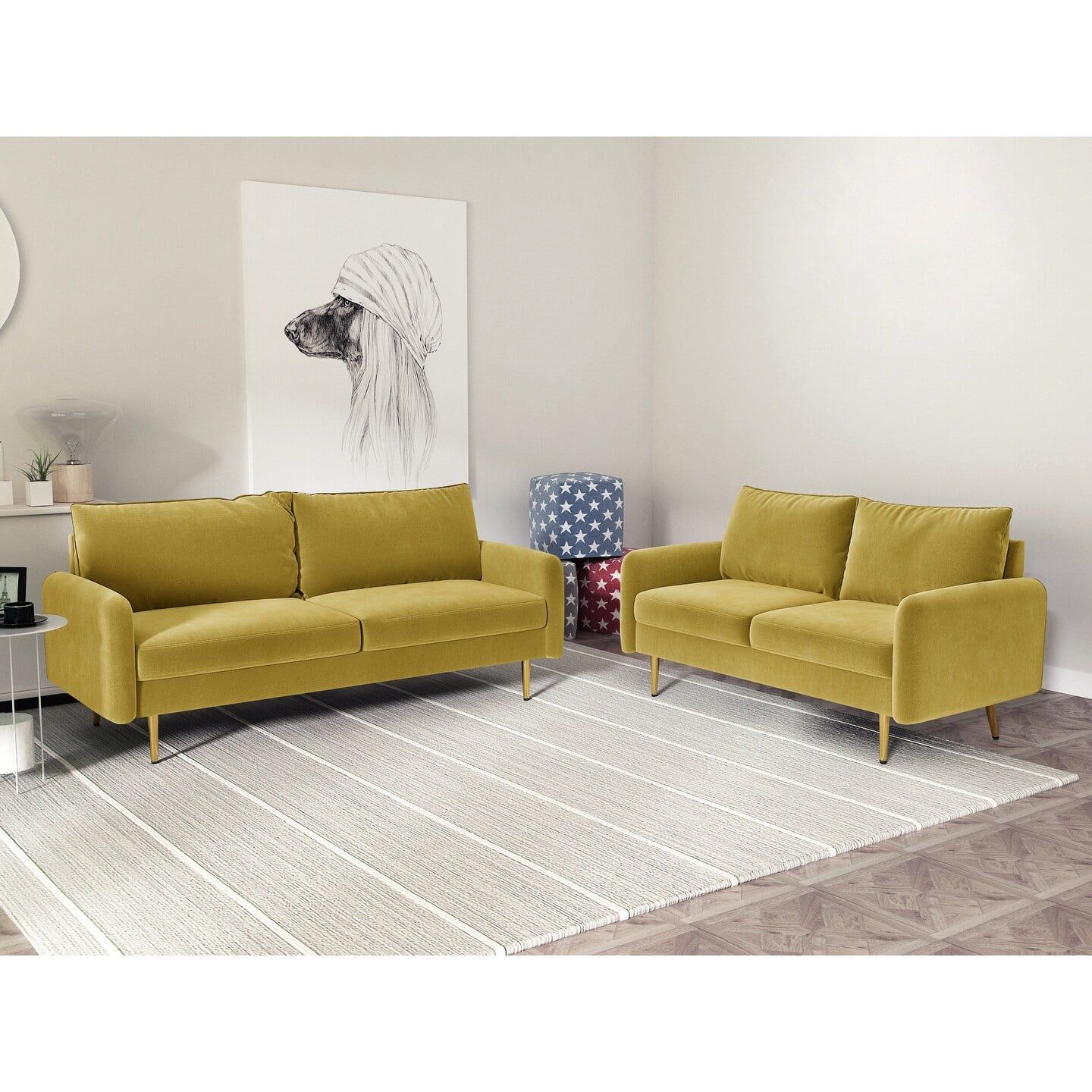 Velvet 2 Piece Loveseat and Sofa Living Room Set Goldenrod