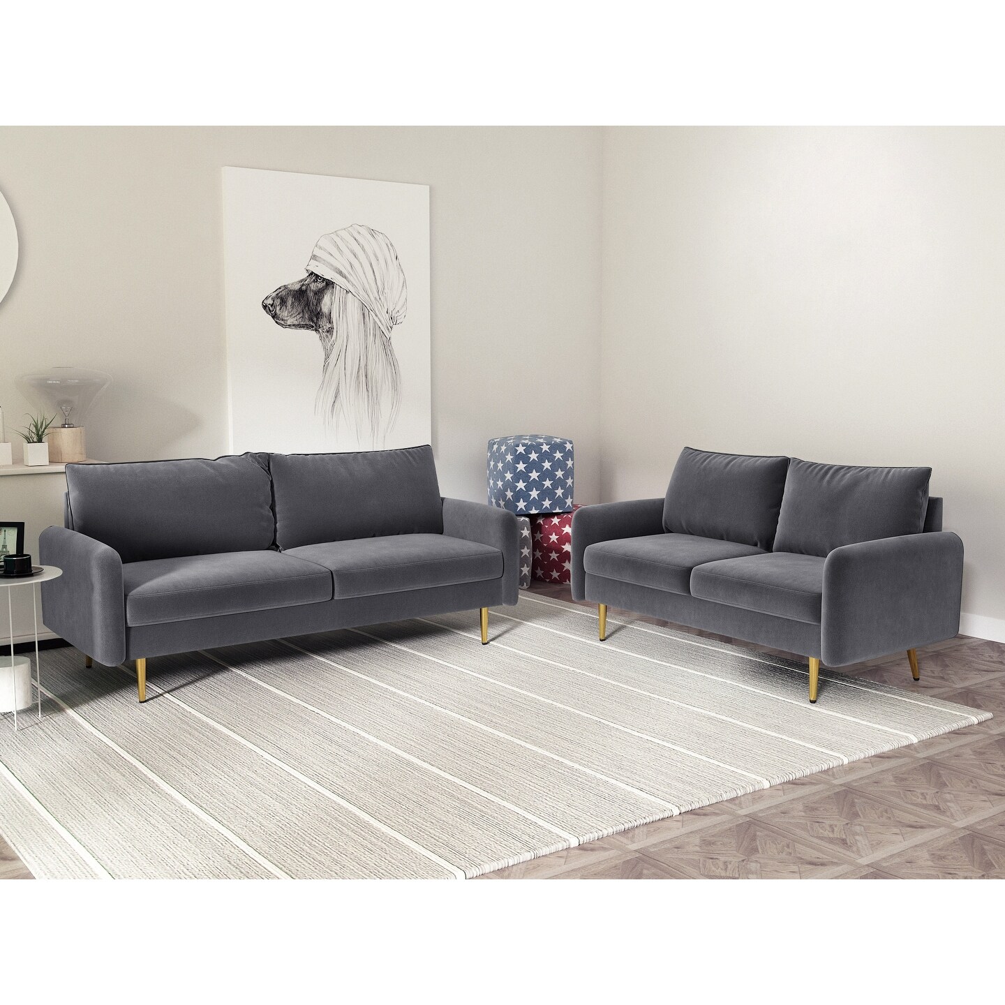 Velvet  2 Piece Loveseat and Sofa Living Room Set Grey