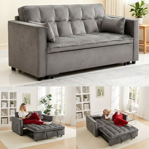 Velvet 2-Seater Sleeper Sofa Bed, 3-in-1 Convertible Folding Futon with Adjustable Backrest & Side Pocket, Grey