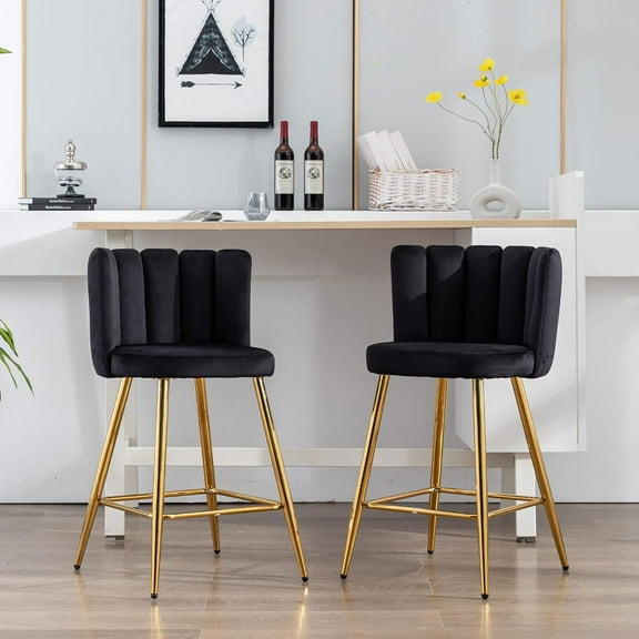 Velvet 26" Counter Height Barstools Set of 2 Modern Kitchen Stools Upholstered Bar Stool Chairs with Gold Metal Legs for Kitchen Island/Breakfast Bar/Restaurant, Black