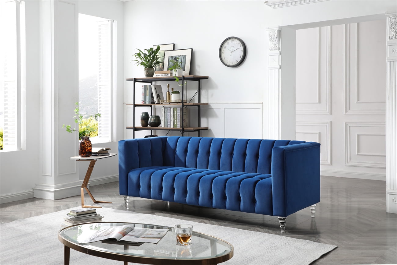 Velvet 3 Seater Sofa Upholstered Accent Couch with Acrylic Legs and Square Arms Chesterfield Style Arm Sofa Tufted Button Velvet Sofa for Living