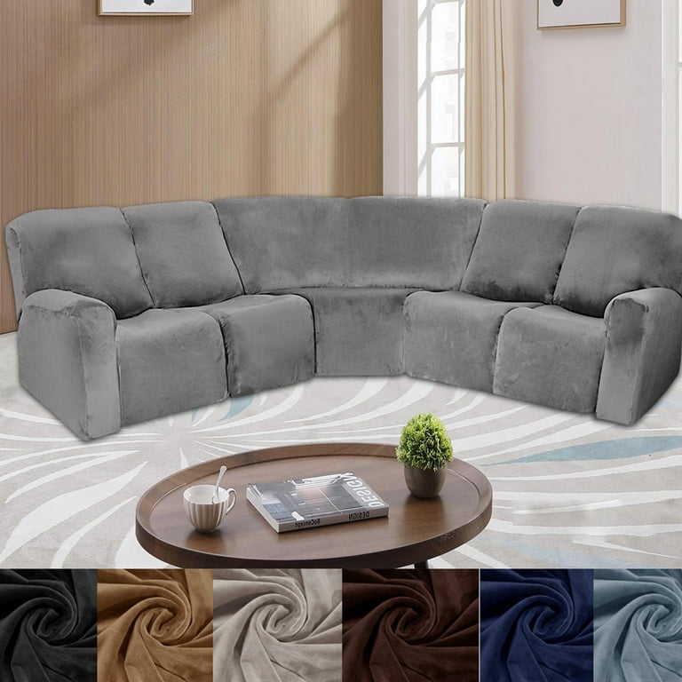 Velvet 5 Seater Recliner Corner Sofa Slipcovers Stretch Sectional Recliner Sofa Covers Furniture Protectors Gray