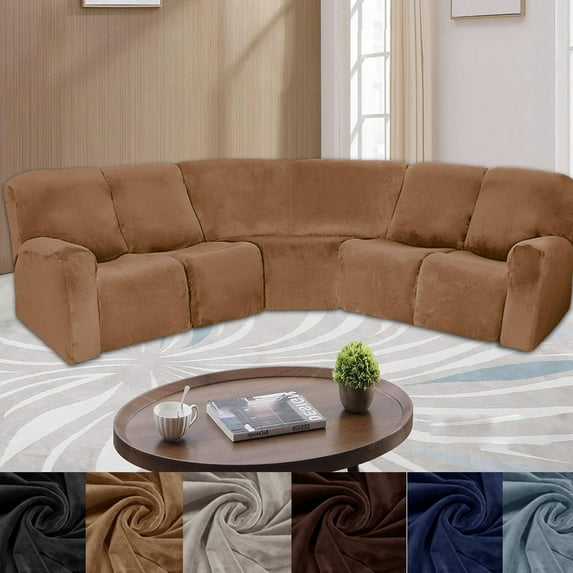 Velvet 5 Seater Recliner Corner Sofa Slipcovers Stretch Sectional Recliner Sofa Covers Furniture Protectors, Leather Brown