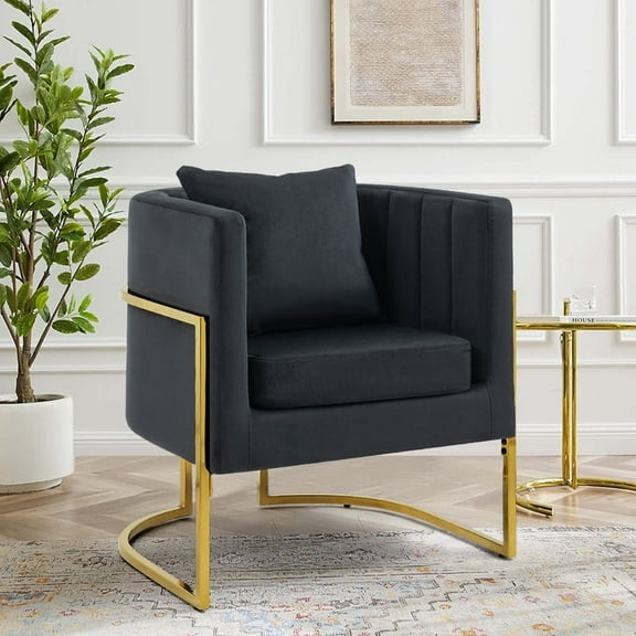 Velvet Accent Barrel Chairs, Modern Arm Club Chair with Pillow for Living Room / Bedroom / Guest Reception, Channel Tufted, Gold Finish Base, Black