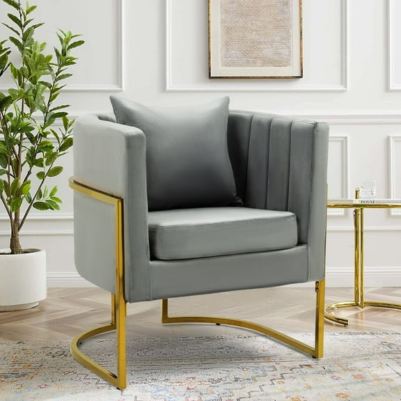 Velvet Accent Barrel Chairs, Modern Arm Club Chair with Pillow for Living Room / Bedroom / Guest Reception, Channel Tufted, Gold Finish Base, Gray
