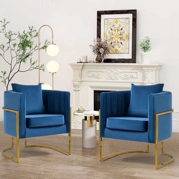 Velvet Accent Barrel Chairs Set of 2, Modern Arm Club Chair Set with Pillow for Living Room / Bedroom / Guest Reception, Channel Tufted, Gold Finish Base, Blue