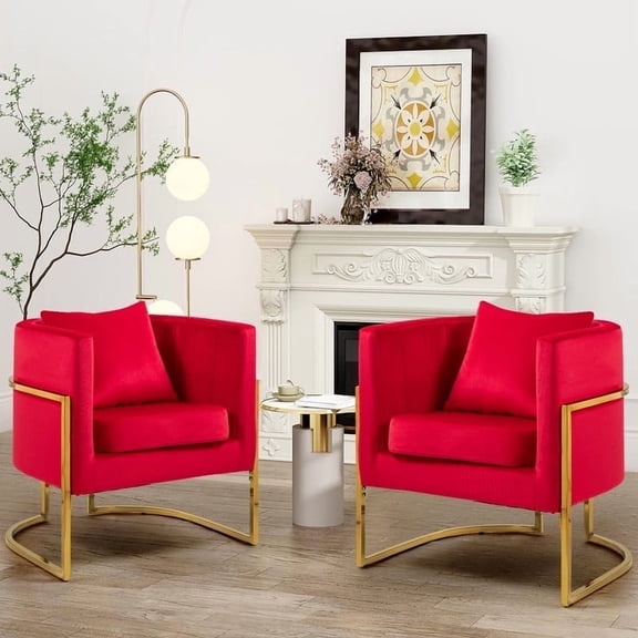 Velvet Accent Barrel Chairs Set of 2, Modern Arm Club Chair Set with Pillow for Living Room / Bedroom / Guest Reception, Channel Tufted, Gold Finish Base, Red