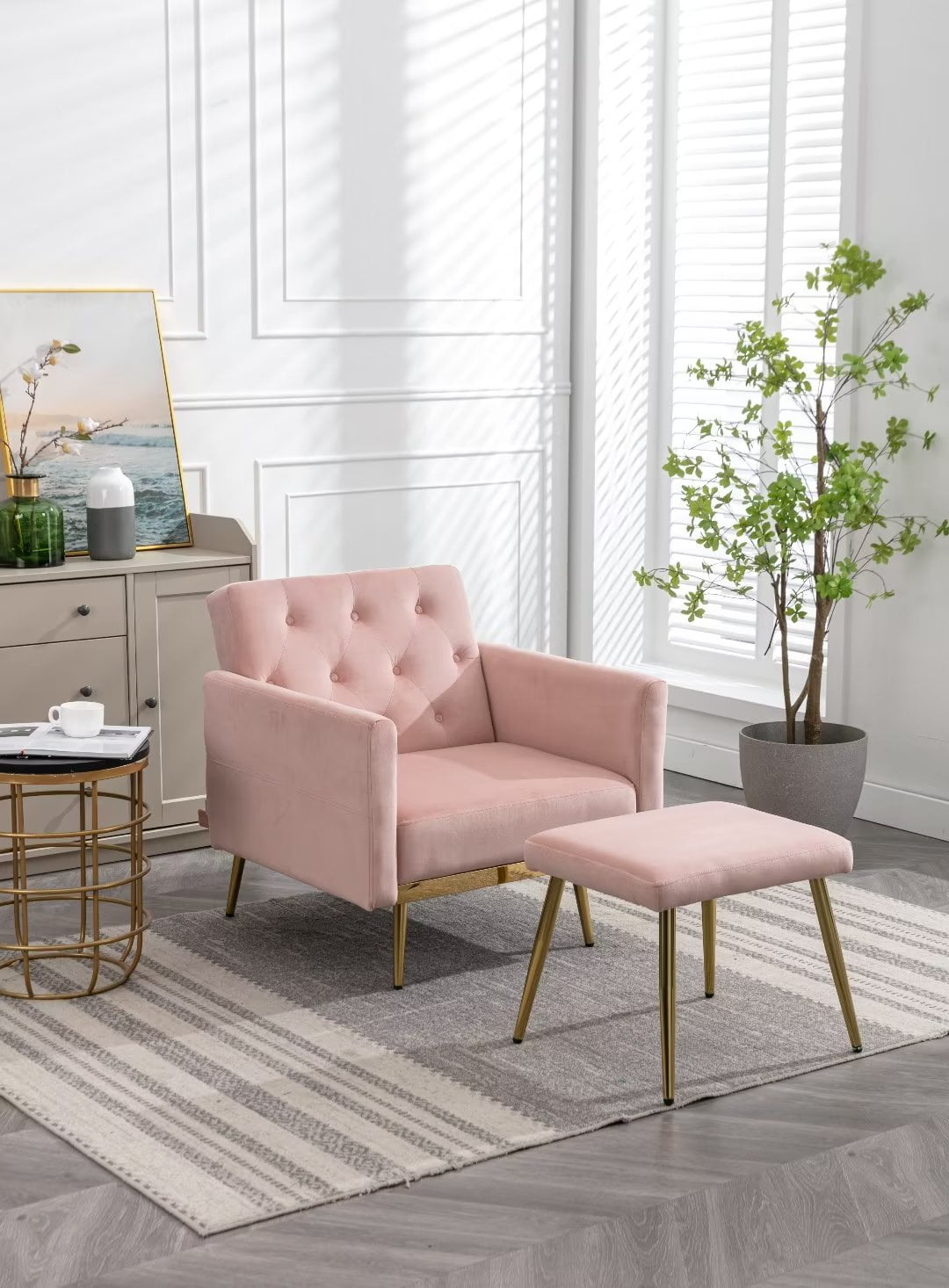 Velvet Accent Chair with Adjustable Armrests and Backrest, Button