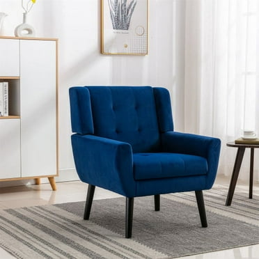 Velvet Accent Chair with Arms, Upholstered Armchair Lounge Chair with Padded Cushion and Solid Wood Legs, Modern Single Sofa Chair for Living Room Bedroom and Dorm, Blue