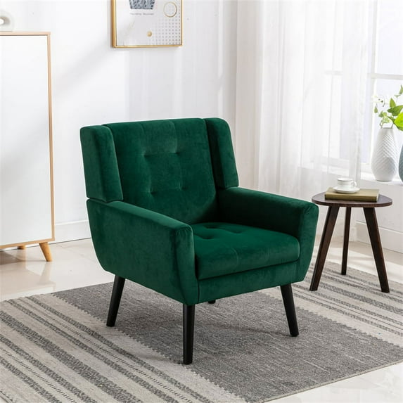 Velvet Accent Chair with Arms, Upholstered Armchair Lounge Chair with Padded Cushion and Solid Wood Legs, Modern Single Sofa Chair for Living Room Bedroom and Dorm, Retro Green