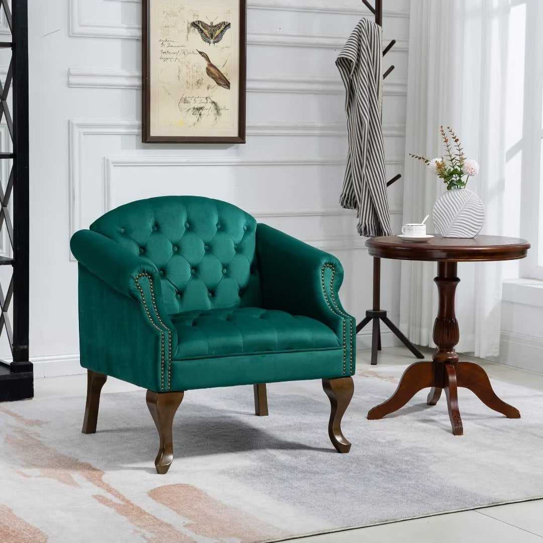 Navy tufted accent chair with nailhead trim outlet