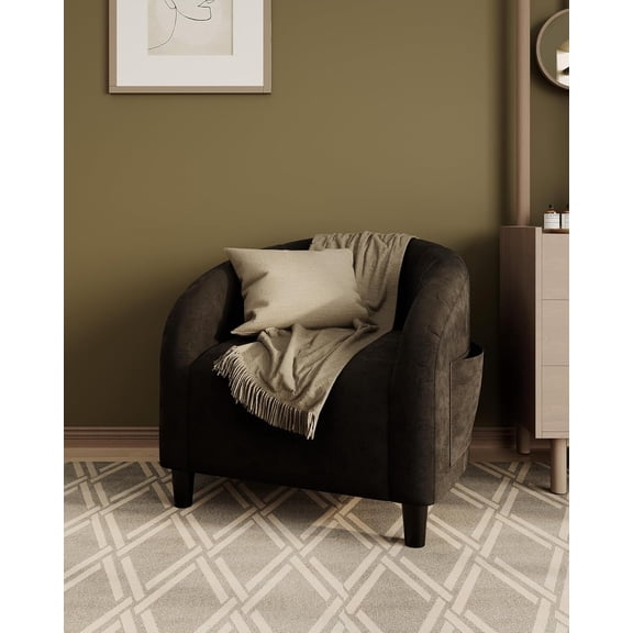 Velvet Accent Chair Club Chair Cozy Armrest Upholstered Barrel Chair with Solid Legs for Living Room Bedroom Study Waiting Room(Black)