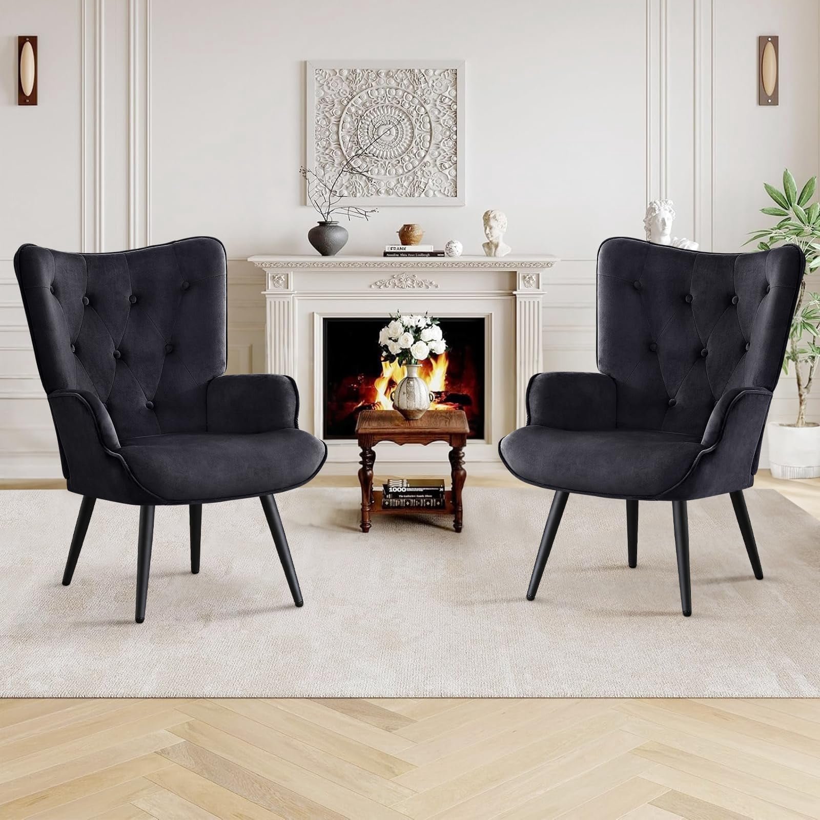 Furniliving Boucle Accent Chair, Set Of 2 - High Back Tufted Wingback Armchair For Living Room, Black - View #5