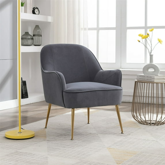 Velvet Accent Chair, Modern Armchair with Gold Legs and Adjustable feet screws, Velvet Fabric Tufted Back Single Sofa for Living Room/Bedroom/Office/Waiting Room, Gray