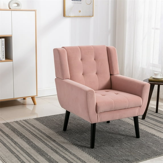 Velvet Accent Chair Modern Ergonomics Armchair Living Room Chaise Lounge Single Sofa with Black Wood Legs, One Size, for Hotel Living Room Bedroom Reading, Pink