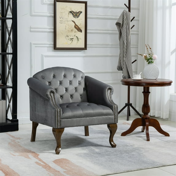 Velvet Accent Chair,Modern Leisure Chair with Button Tufted Backrest,Upholstered Living Room Chair with Nailhead Arms,Armless Lounge Chair Slipper Chair with Wood Legs or Living Room Bedroom,Gray